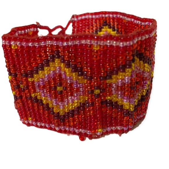 Beaded Geometric Southwestern Diamond Print Cuff Bracelet Red Yellow - Picture 1 of 8